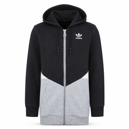 Front view of Adidas unisex black grey full zip hoodie, size M, sports fleece