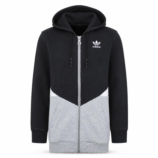Front view of Adidas unisex black grey full zip hoodie, size M, sports fleece