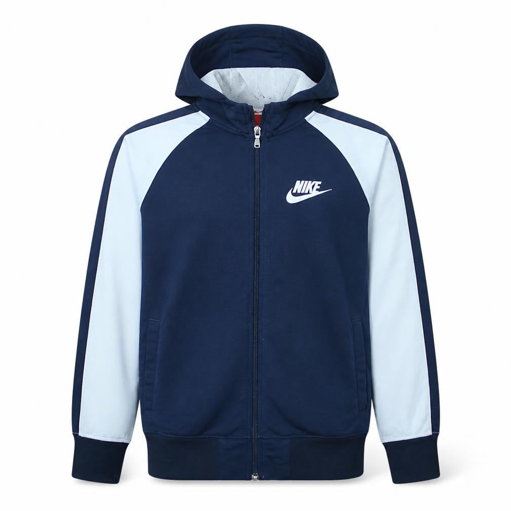 Front view of Nike boys’ blue full zip hoodie xl 13-15 years colourblock sportswear