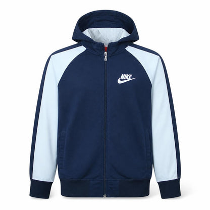 Front view of Nike boys’ blue full zip hoodie xl 13-15 years colourblock sportswear