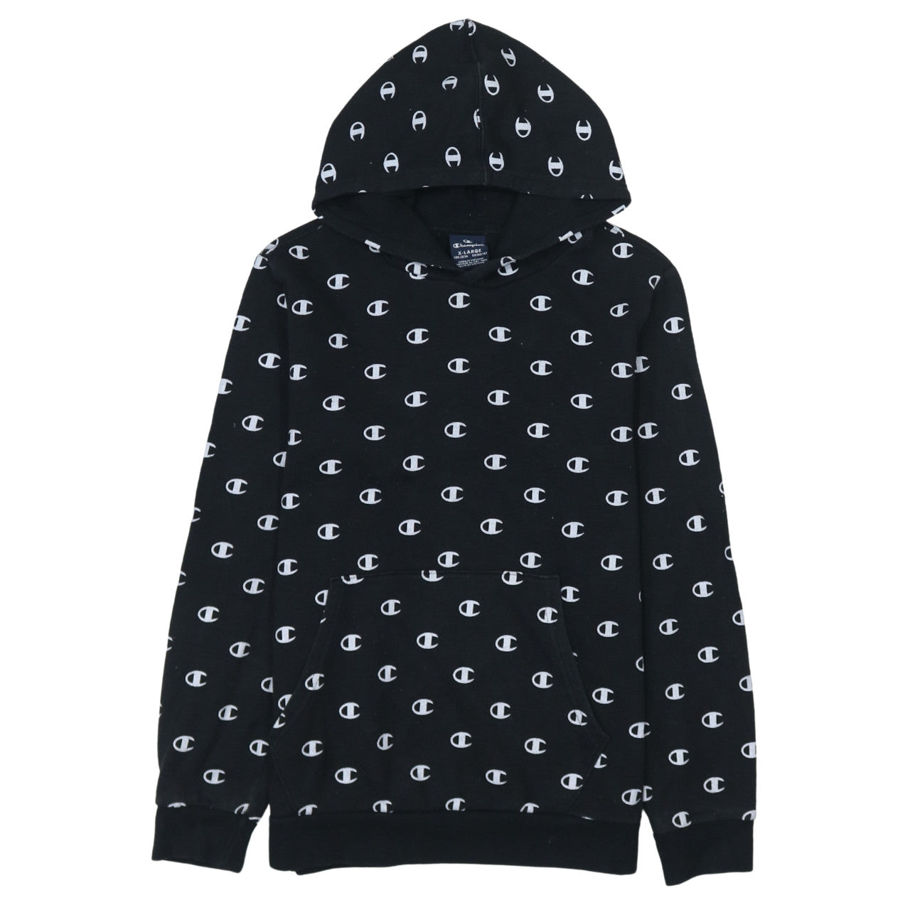 Champion Boys Black 13-14 Years Pullover Hoodie All Over Logo Print