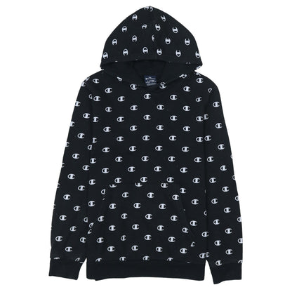 Champion Boys Black 13-14 Years Pullover Hoodie All Over Logo Print
