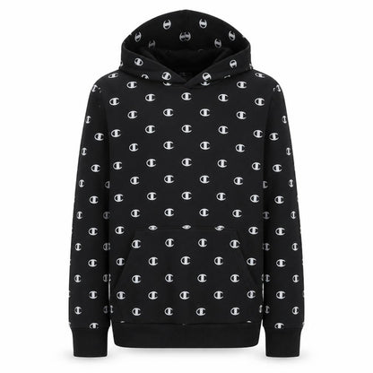 Champion Boys Black 13-14 Years Pullover Hoodie All Over Logo Print