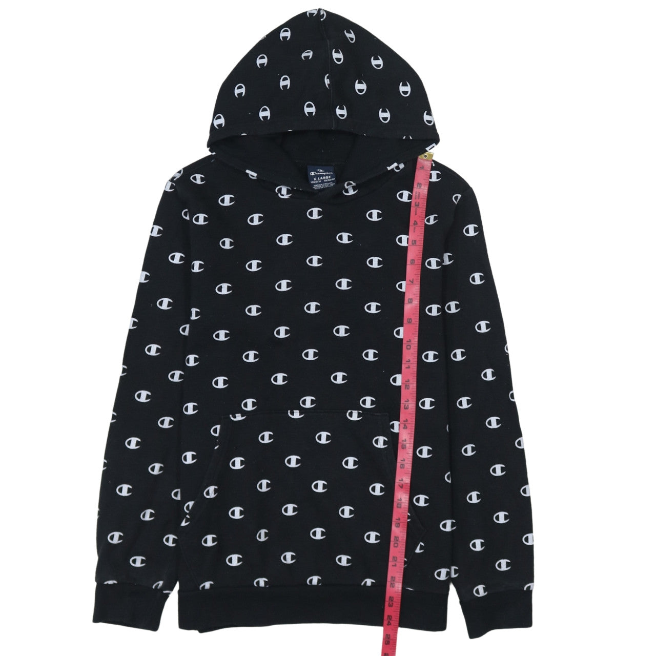 Champion Boys Black 13-14 Years Pullover Hoodie All Over Logo Print