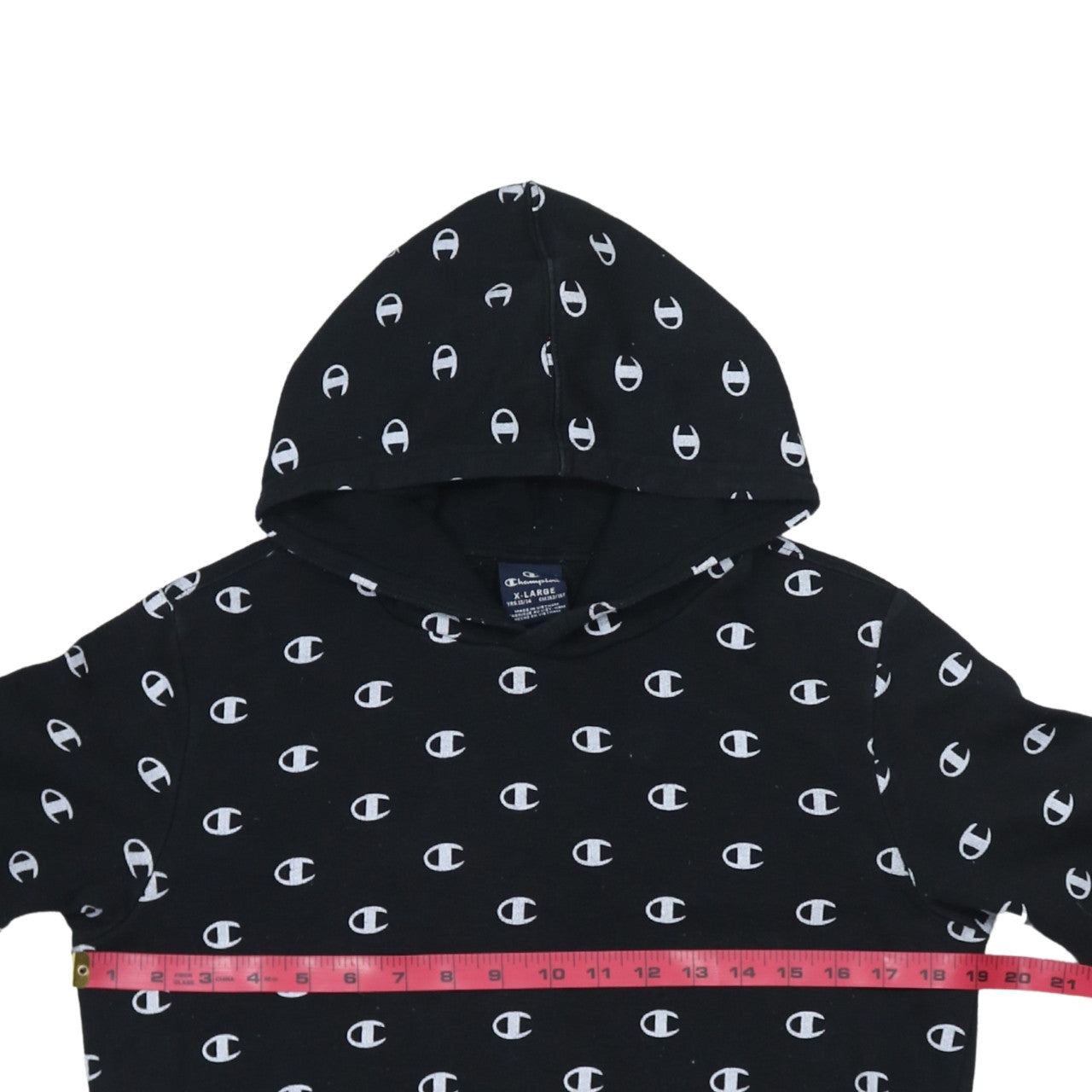 Champion Boys Black 13-14 Years Pullover Hoodie All Over Logo Print