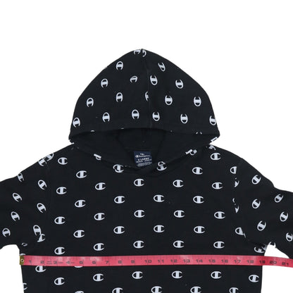 Champion Boys Black 13-14 Years Pullover Hoodie All Over Logo Print