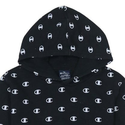 Champion Boys Black 13-14 Years Pullover Hoodie All Over Logo Print