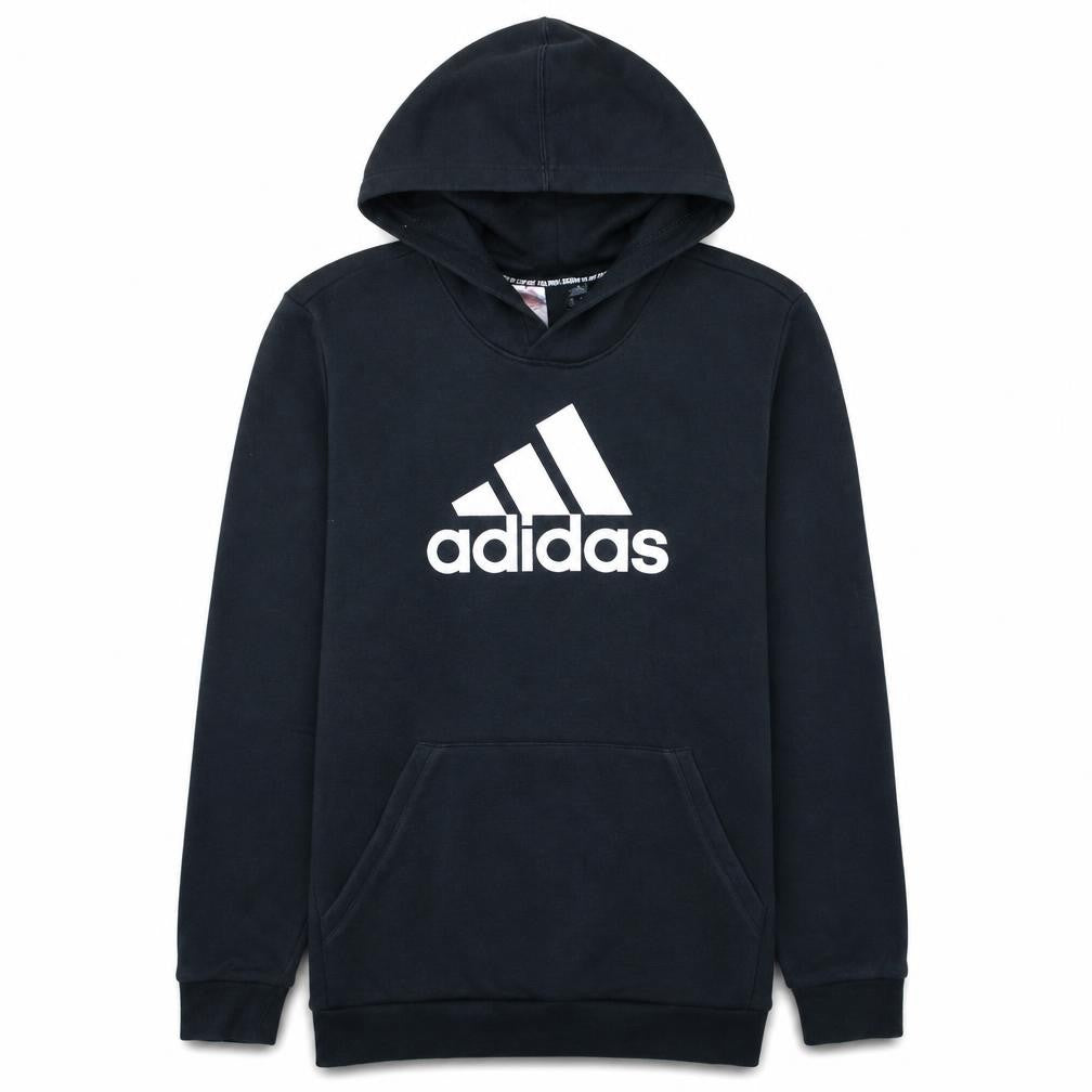 Front view of Adidas boys’ black pullover hoodie 14 years logo sportswear hooded jumper