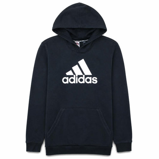 Front view of Adidas boys’ black pullover hoodie 14 years logo sportswear hooded jumper