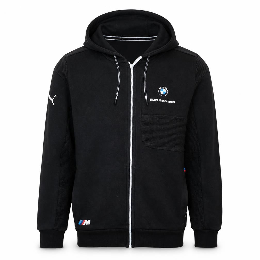 Front view of Puma BMW Motorsport Men's Black Full Zip Hoodie, size S