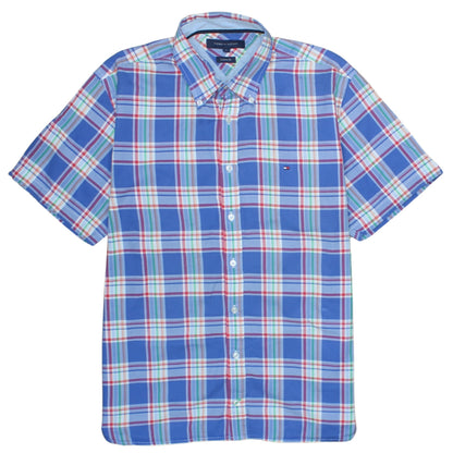 Tommy Hilfiger Men's Blue Plaid Cotton Short Sleeve Shirt L Slim Fit