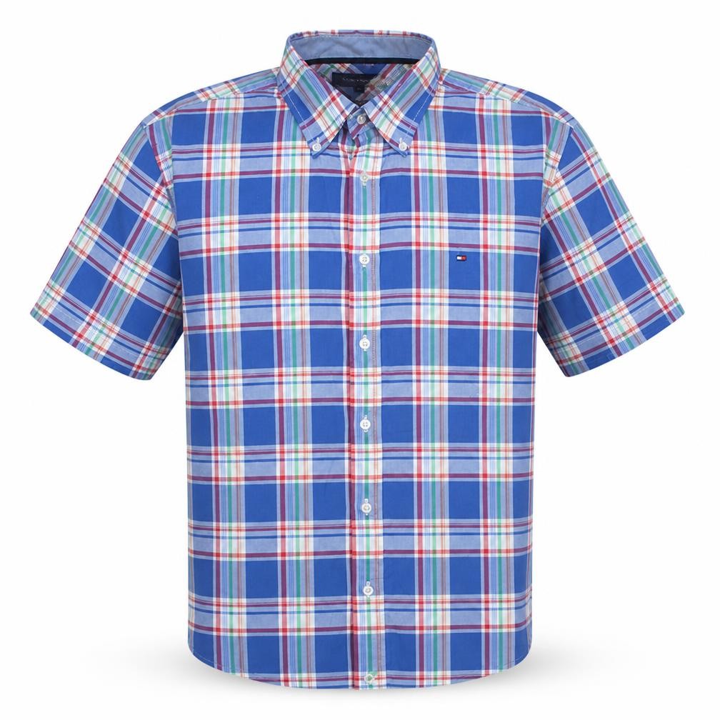 Tommy Hilfiger Men's Blue Plaid Cotton Short Sleeve Shirt L Slim Fit