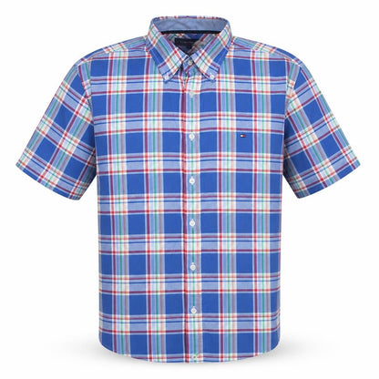 Tommy Hilfiger Men's Blue Plaid Cotton Short Sleeve Shirt L Slim Fit