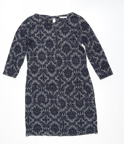 White Stuff Women's Blue Geometric Shift Dress Size 12 3/4 Sleeve