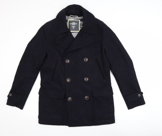 H&M L.O.G.G. Men's Black Wool Blend Pea Coat Size S Classic Double Breasted