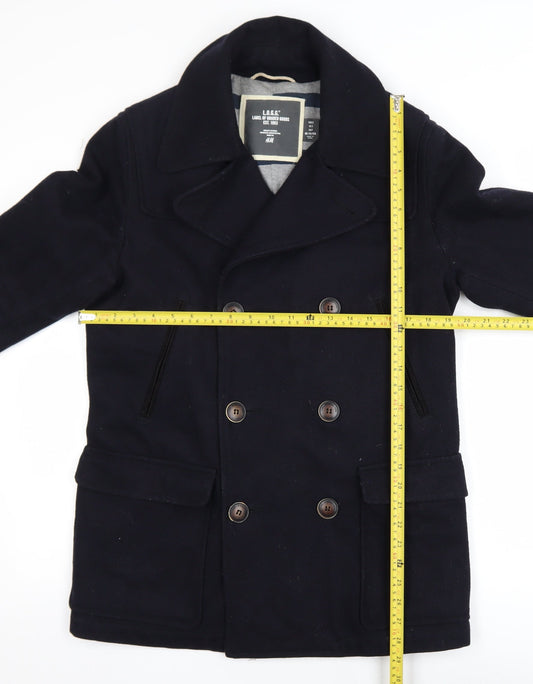 H&M L.O.G.G. Men's Black Wool Blend Pea Coat Size S Classic Double Breasted