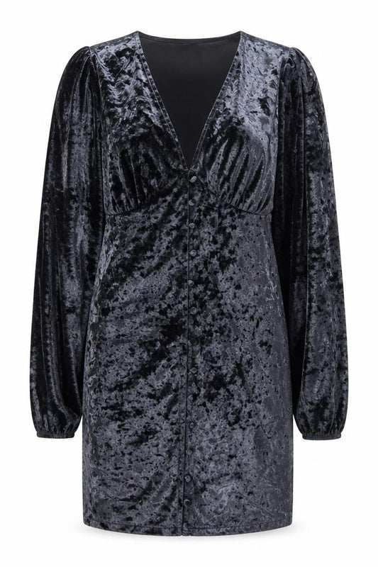 Front view of ASOS Women’s Grey Velvet Bodycon Dress, size UK 12, Long Sleeve Party