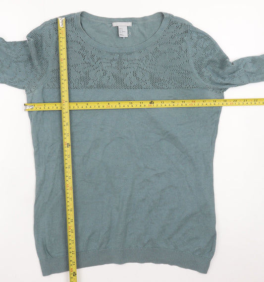 H&M Women's Green Cotton Modal Open-Knit Pullover Jumper Size 12