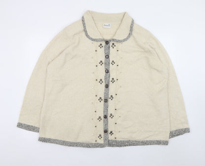 Roman Originals Womens Beige 2XL Collared Embellished Knit Cardigan