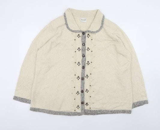 Roman Originals Womens Beige 2XL Collared Embellished Knit Cardigan