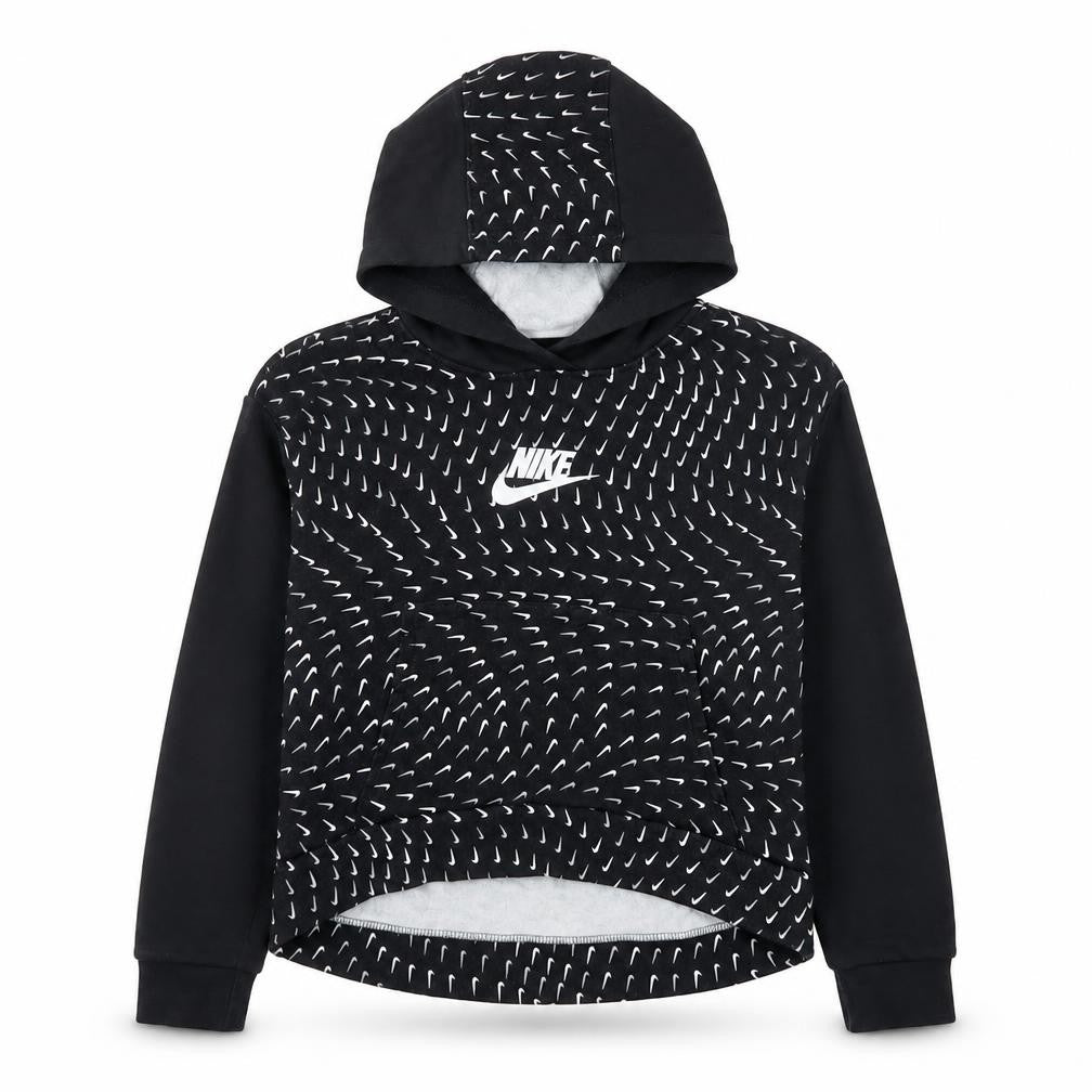 Front view of Nike boys’ black pullover hoodie l 146cm graphic print sportswear