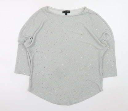 Phase Eight Women Silver Glitter Knit 3/4 Sleeve Blouse UK 10