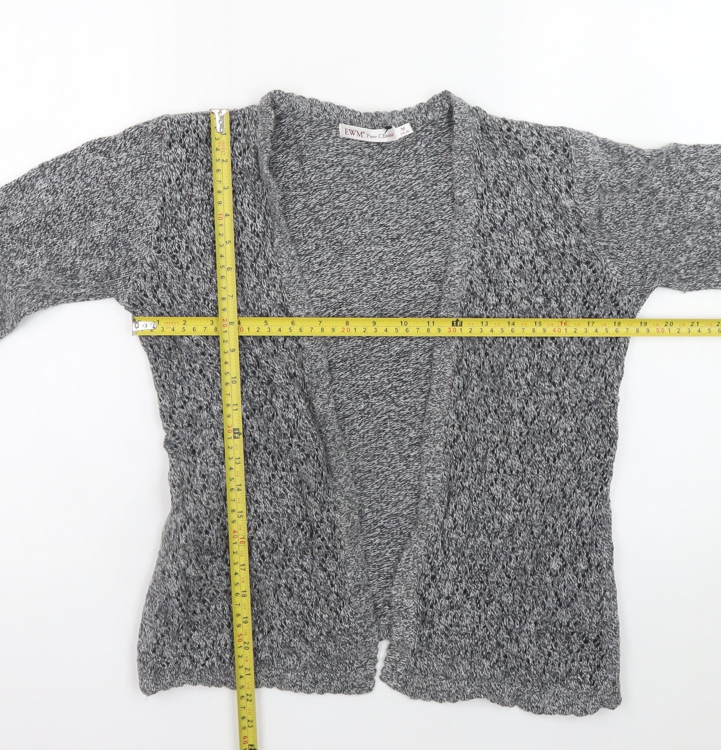 EWM Womens Grey Open Knit Cardigan Size 14-16 Cotton Blend