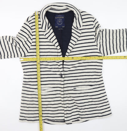 Superdry Womens White Striped Knit Cardigan L Collared Long Sleeve