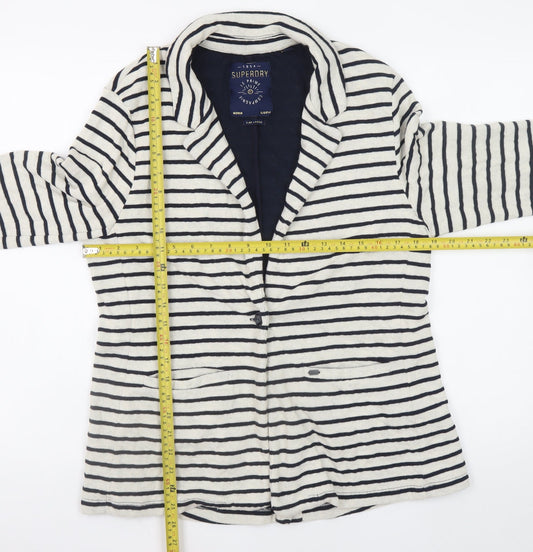 Superdry Womens White Striped Knit Cardigan L Collared Long Sleeve