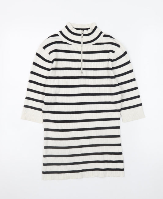 Very Women’s White Striped 1/2 Zip Mock Neck Ribbed Jumper Size 12