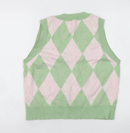 Stradivarius Women's Green Argyle Knit Sleeveless V-Neck Vest Size 8