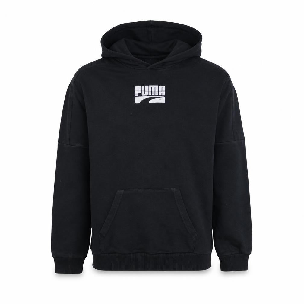 Front view of Puma boys’ black pullover hoodie 13-14 years logo cotton blend sweatshirt