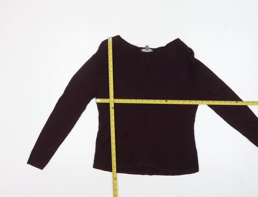 Oasis Womens Burgundy V-Neck Ribbed Knit Jumper Size L