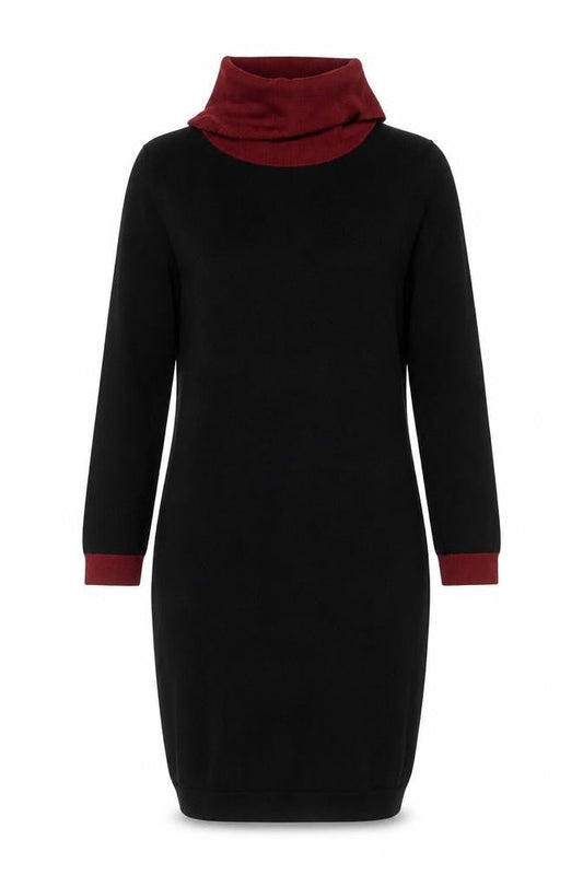 Front view of Jaeger Women Black Wool Knit Roll Neck Sweater Dress S