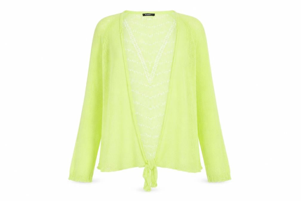 Front view of Roman women’s yellow open knit long sleeve cardigan, size UK 14