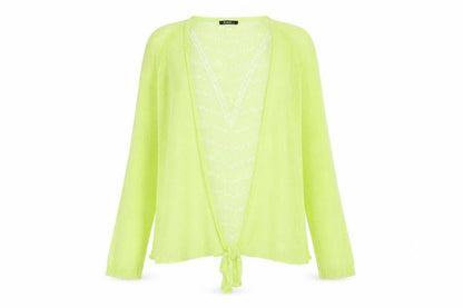 Front view of Roman women’s yellow open knit long sleeve cardigan, size UK 14