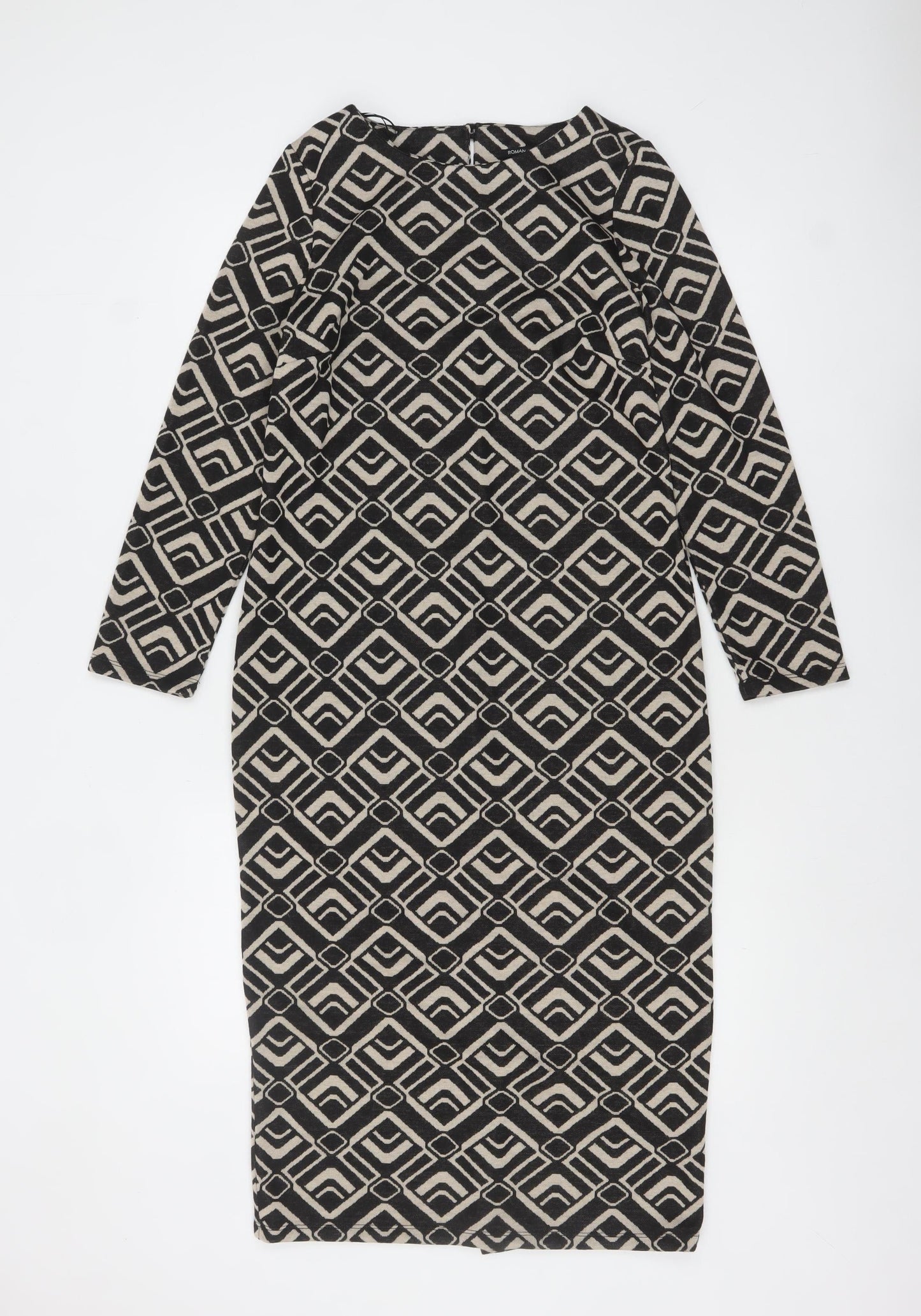 Roman Petite Black Geometric Bodycon Dress Size 8 Women's Midi