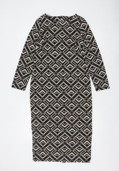 Roman Petite Black Geometric Bodycon Dress Size 8 Women's Midi