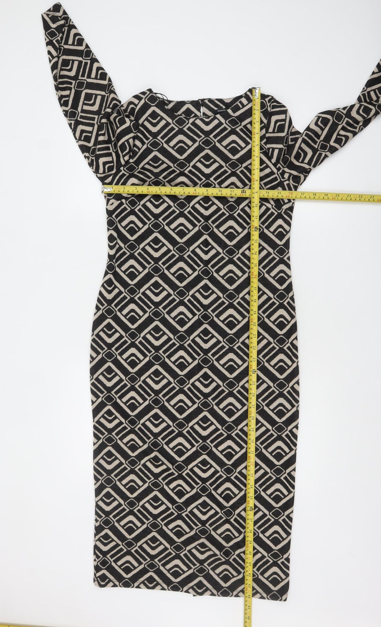 Roman Petite Black Geometric Bodycon Dress Size 8 Women's Midi