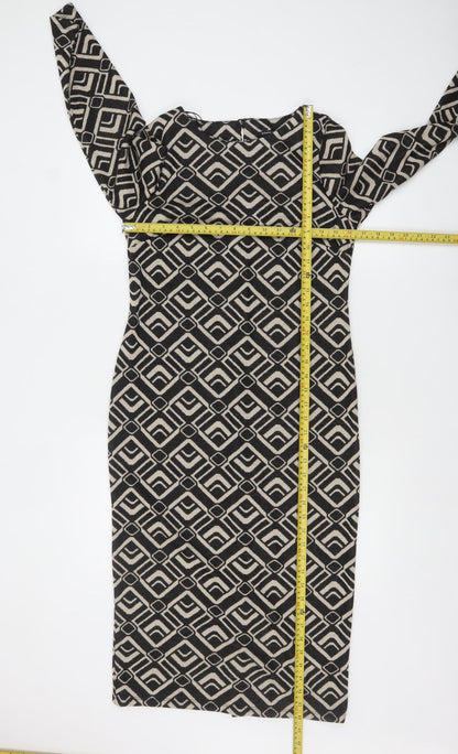 Roman Petite Black Geometric Bodycon Dress Size 8 Women's Midi
