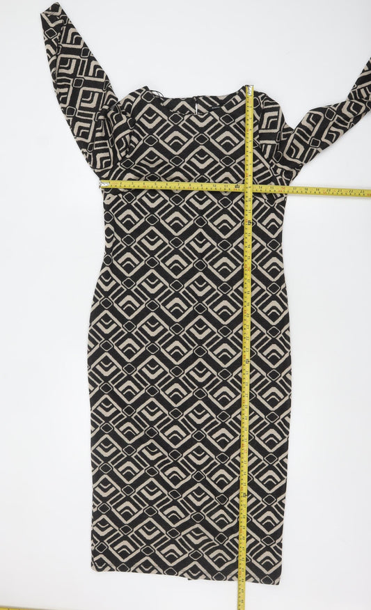 Roman Petite Black Geometric Bodycon Dress Size 8 Women's Midi