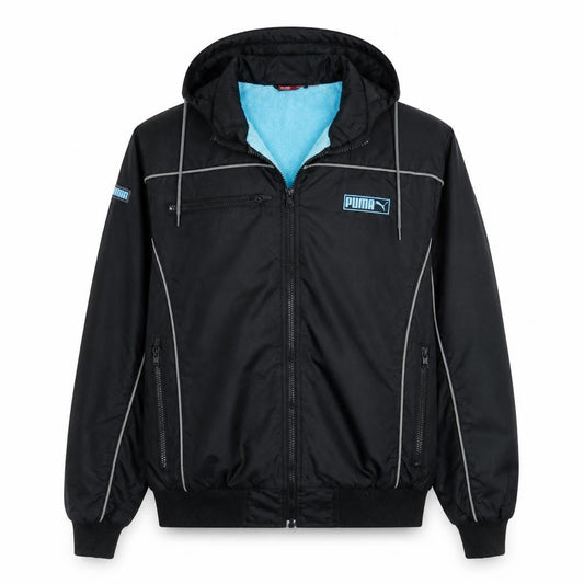 Front view of Puma Men's Black Hooded Windbreaker Jacket, size S, Lightweight