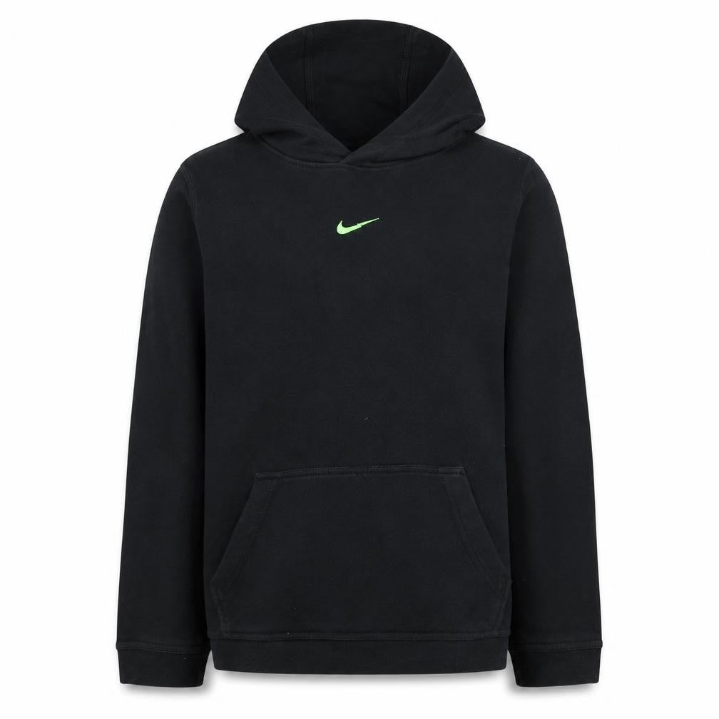 Front view of Nike boys’ black xl pullover fleece hoodie with green logo