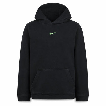 Front view of Nike boys’ black xl pullover fleece hoodie with green logo