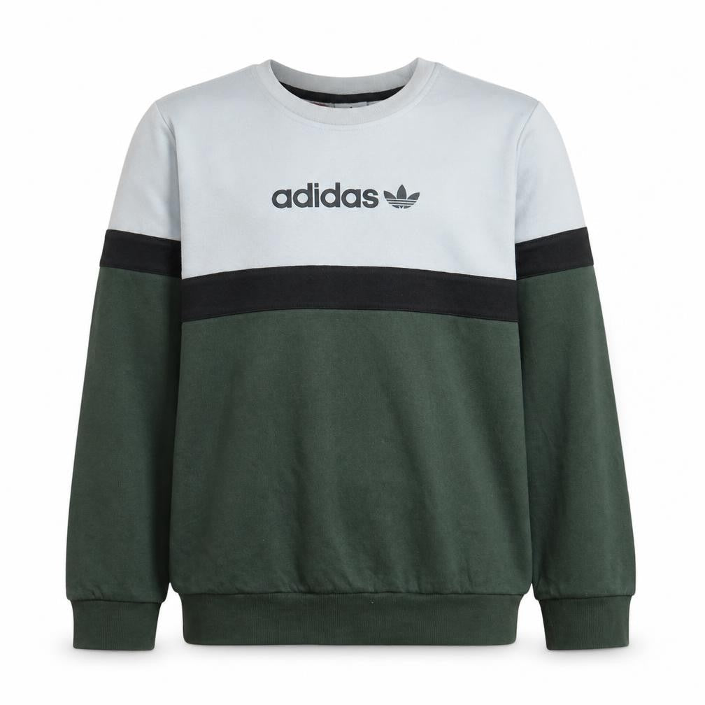 Front view of Adidas boys’ green black beige crew neck pullover sweatshirt 13-14 years