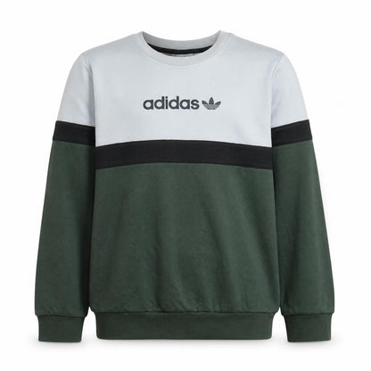 Front view of Adidas boys’ green black beige crew neck pullover sweatshirt 13-14 years