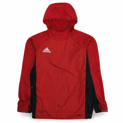 Front view of Adidas boys’ red pullover hoodie, size 15-16, years lightweight sports top