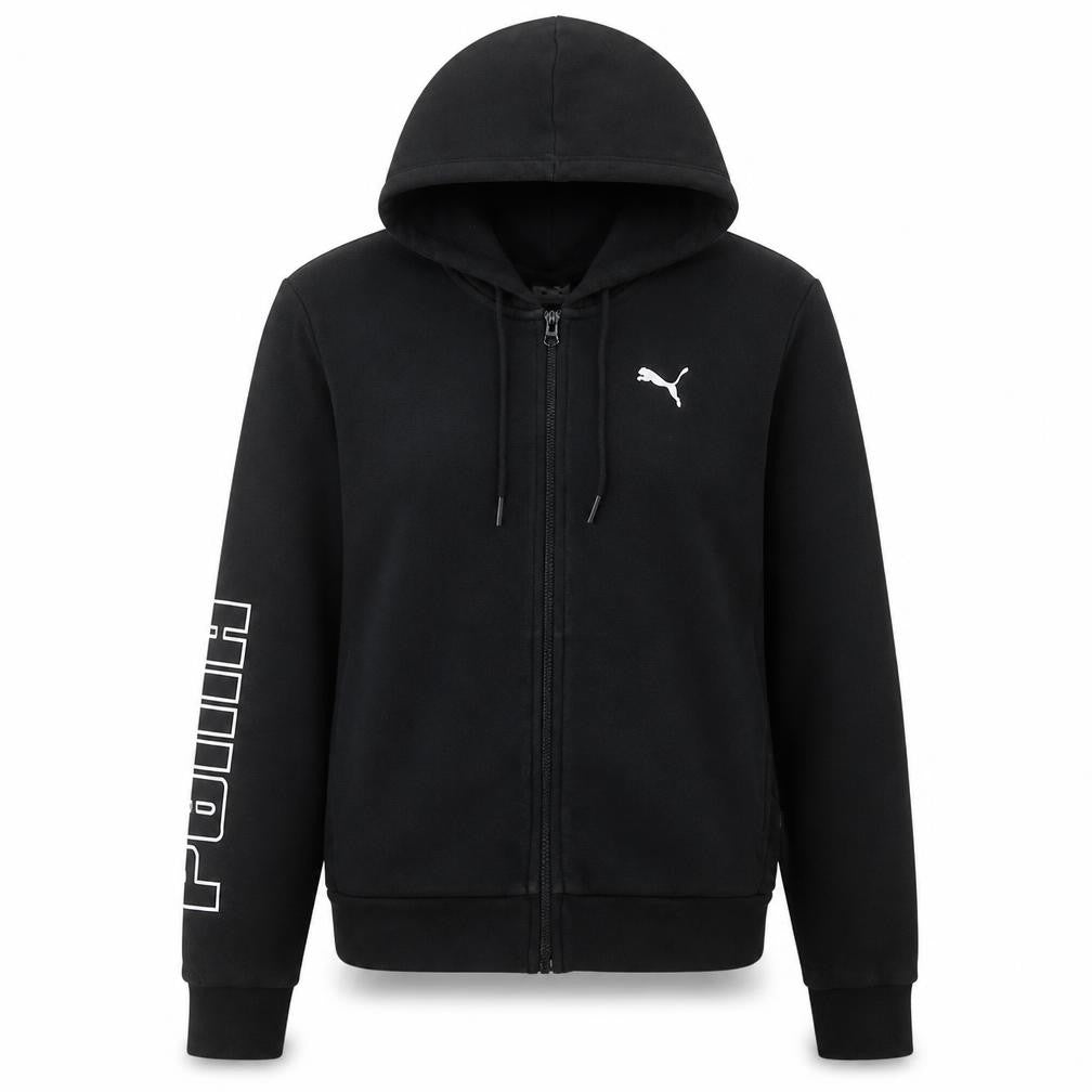 Front view of Puma Women Black Full Zip Hoodie Small Cotton Blend Logo Detail