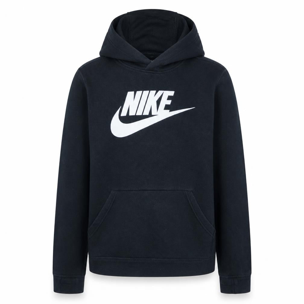 Front view of Nike boys’ black pullover fleece hoodie 12-13 years logo sweatshirt