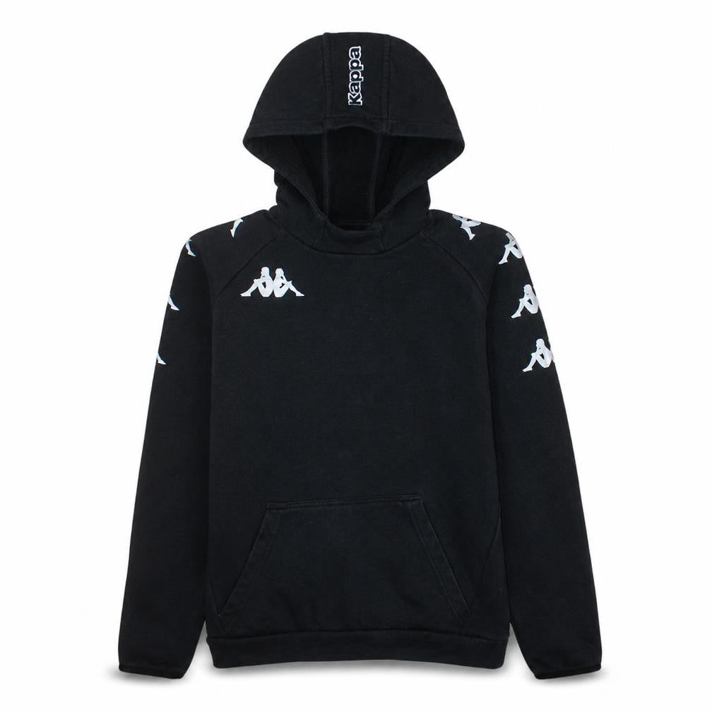 Front view of Kappa boys’ black pullover hoodie 12 years logo sleeve sports fleece